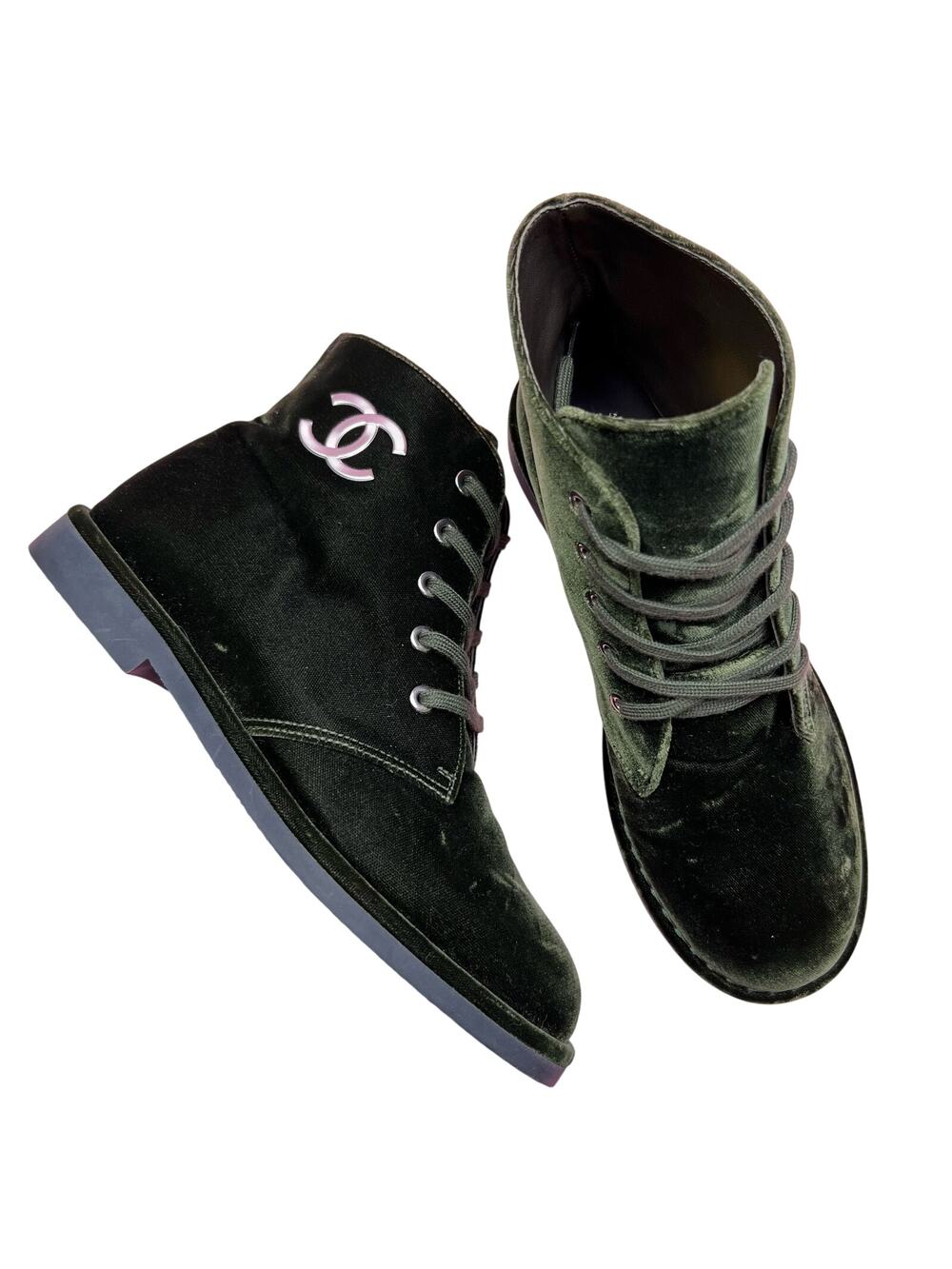 CHANEL Interlocking CC Logo Velvet Lace-Up Boots EU 38 US 8 Green Ankle Booties